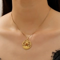 Tiger eye necklace with gold box chain and amber stone pendant in vintage style - Gold Round Hollow Necklace Style (WG-0624)
