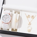Women's white silicone quartz watch set with elegant butterfly jewelry in rose gold - Style White 2 / White Butterfly Pearl 5-Piece Set