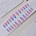 Short almond 3D floral press-on nails with pink to blue gradient and pink polka dots - Gradient Polka Dot and Floral Style (WY-082) / 24 Pieces Strip Pack