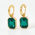 Vintage emerald cut green zircon earrings with gold plated stainless steel hoops - Rectangle Pendant Style (KDE564) / Emerald Green