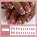 Pink and white French press-on nails with gold rhinestones and 24 pieces per box - Jelly Glue Type / DZ156-B7 Pure Desire Rhinestones