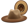 Two-tone wool fedora jazz hat in camel and dark brown with a wide brim style - M (56-58cm) / Brown