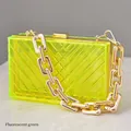 Neon green clear acrylic box clutch bag with thick gold chain strap and V-pattern finish - Neon Green