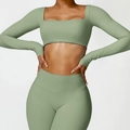 Sage green long sleeve yoga set featuring square neck crop top and high waist leggings - S / Basil Green