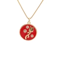 Golden box chain necklace with red enamel tulip pendant and sparkling inlaid zircons - Red