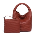 Red-brown woven hobo tote bag with a matching zipper clutch purse set - Rust red