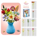 Detail of DIY building block flowers with a blue textured vase and 691 pieces set - Rose Sunflower Style (109-7)
