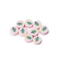 Nine pink flat round polymer clay beads with green Christmas tree patterns for DIY jewelry - Pink Christmas Tree