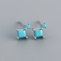 S925 silver stud earrings featuring geometric square and round turquoise stones - Platinum (Turquoise)