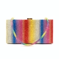 Detailed close-up of vibrant rainbow rhinestone clutch bag with gold chain strap - Small Rainbow
