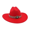 Red wool felt western cowboy hat with bohemian turquoise beaded ethnic woven band - Large Brim Oval Blue Stone / Red