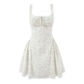 Floral A-line mini dress with lace trim and bow tie detail on a white background - S / Creamy Floral