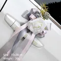 Austin rose car door handle decoration for weddings in white and grey silk ribbons - Smoky Gray Door Handle Decoration