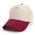 Detail view of contrast color baseball cap showing cream fabric and burgundy curved brim - Adjustable / Beige/Wine Red