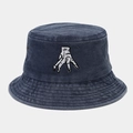 Detail of embroidered hand patch on navy blue washed denim bucket hat with vintage texture - M (56-58cm) / Navy Blue
