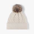 Bonnet en tricot crème avec motif torsadé et un grand pompon en fourrure marron - Réglable / Beige (24B014)