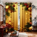 Cortinas navideñas doradas con agujas de pino y bayas rojas en un ambiente festivo interior - 142*160CM / Oro de Navidad (25CL-1)
