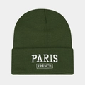Detail of forest green ribbed beanie featuring white Paris French embroidery - One Size / Army Green