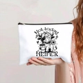 Detail of white canvas makeup bag featuring highland cow print and Not today HEIFER text - Highland Cow and Coffee Humorous Style (138-3)