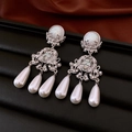 Vintage silver earrings with opal stone and pearl drop pendants on red silk background - 11# Silver Opal Pearl Vintage Tassel Style (11#)