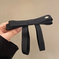 Elegant black ribbed ribbon bow hair clip with handmade metal tag decoration - Hair Bow / Black