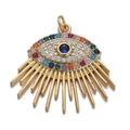 Evil eye pendant in gold finish with vibrant colorful zircon stones on white background - CX141-6 Rainbow Eye Tassel