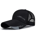 Men's black mesh trucker cap with extended brim and sports fashion prints - Black