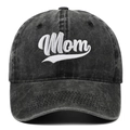 Classic washed black cotton baseball cap featuring white Mom embroidery on the front - Black (Mom)
