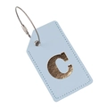 Blue PU leather luggage tag with golden letter C and durable steel wire loop - Light Blue C