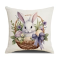 Osterhasen-Kissenbezug aus Leinen mit Aquarell-Hase und bunten Eiern im Korb - Hase im Blumenkorb (Muster 1)