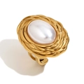 Vintage 18K gold plated stainless steel ring with oval pearl and wheat pattern design - Wheat Pattern Oval Artificial Pearl Open Ring - Gold