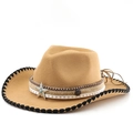 Detail of western cowboy felt hat featuring silver star studs and turquoise bead accents - Camel Hat with Black Whipstitch Edge