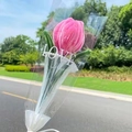 Handmade pink pipe cleaner tulip bouquet in a clear gift bag with white ribbons - Peach Pink Tulip with Pearl Gauze