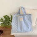 Blue and white vertical striped canvas tote bag with central text patch detail - Vertical Striped Blue (Open Style)