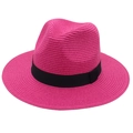 Detail of rose red woven Panama hat with black ribbon and spiral straw texture - One Size / Rose Red