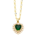 Elegant gold necklace with a heart-shaped green gemstone pendant and pearl border - Green