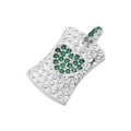 Macro detail of silver rectangular pendant with hammered texture and green crystal heart - Platinum with Green Zirconia Heart Pendant