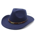 Detailed view of navy blue wool cowboy hat with brown faux leather belt and metal buckle - M (56-58cm) / Navy Blue