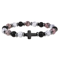 Elastic beaded bracelet with black matte, snowflake, and pink stones with a metal cross - Black White Pink (B4535-F)