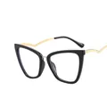 Cat eye glasses in glossy black with wavy golden metal arms and clear lenses - Clear Lens / Bright Black