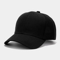 Detailed close-up of a plain black cotton twill baseball cap showing stitch texture - Black