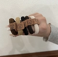 5er-Set dicke elastische Haargummis in Erdtönen mit Bären-Kunstleder-Patches - Bären Dekor Gemischte Farben (5 Stück/Packung)