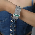Silver honeycomb cuff bracelet with green malachite pattern inlay and small crystals - Silver Color Green Turquoise Bangle