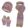 Ensemble d'hiver en tricot avec bonnet rayé coloré, écharpe et gants en rose et vert - Ensemble trois pièces / Multicolore