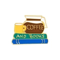 Cute enamel brooch featuring a coffee pot and stacked books with a gold-plated metal finish - Coffee And Books Style (xz2730)