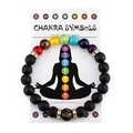 Seven chakra lava stone yoga bracelet with mandala symbols on white display card - Lava Stone + 7 Chakra (2 Silver + 2 Gold Spacers)