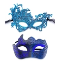 Detail of blue glitter lace mask and black gradient masquerade eye mask for parties - Blue Ox Horn Mask + Blue Lace Phoenix Mask