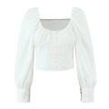 Vintage weiße Puffärmel Bluse für Damen mit quadratischem Ausschnitt und Knopfleiste - S / Weiß
