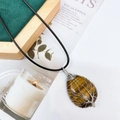 Tiger eye stone tree of life pendant necklace with silver wire wrap and black leather cord - Tiger Eye Silver