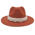 Orange wool fedora hat with elegant white pearl embellishments and wide flat brim - Caramel (Large Pearl)